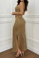 Cutout Slit Round Neck Sweater Dress - Trendsi