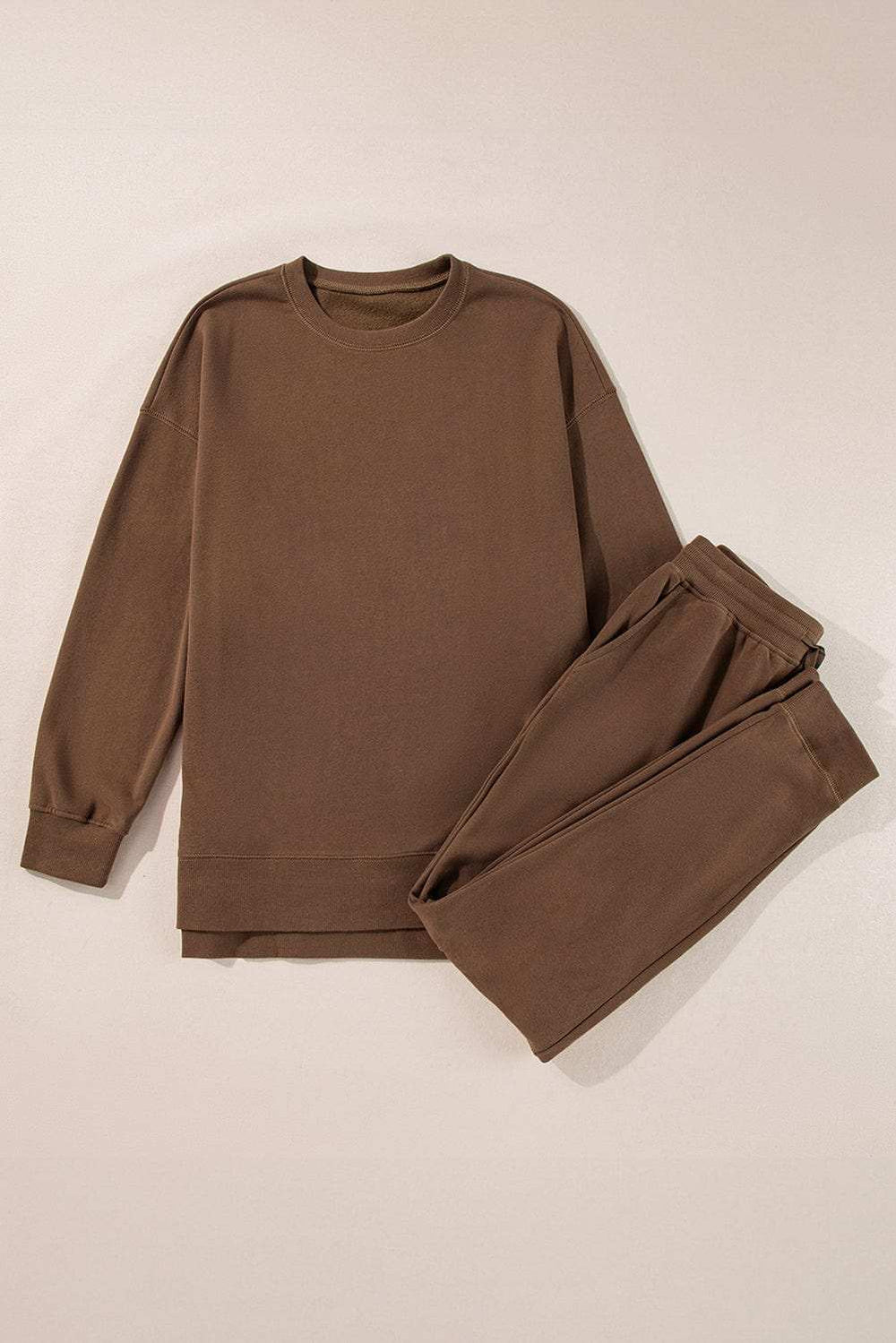 Side Slit Round Neck Long Sleeve Top and Pants Set - Trendsi - Flyclothing LLC