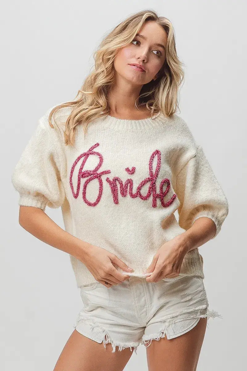 BiBi Metallic Letter Short Puff Sleeve Hairy Sweater - Trendsi - Flyclothing LLC