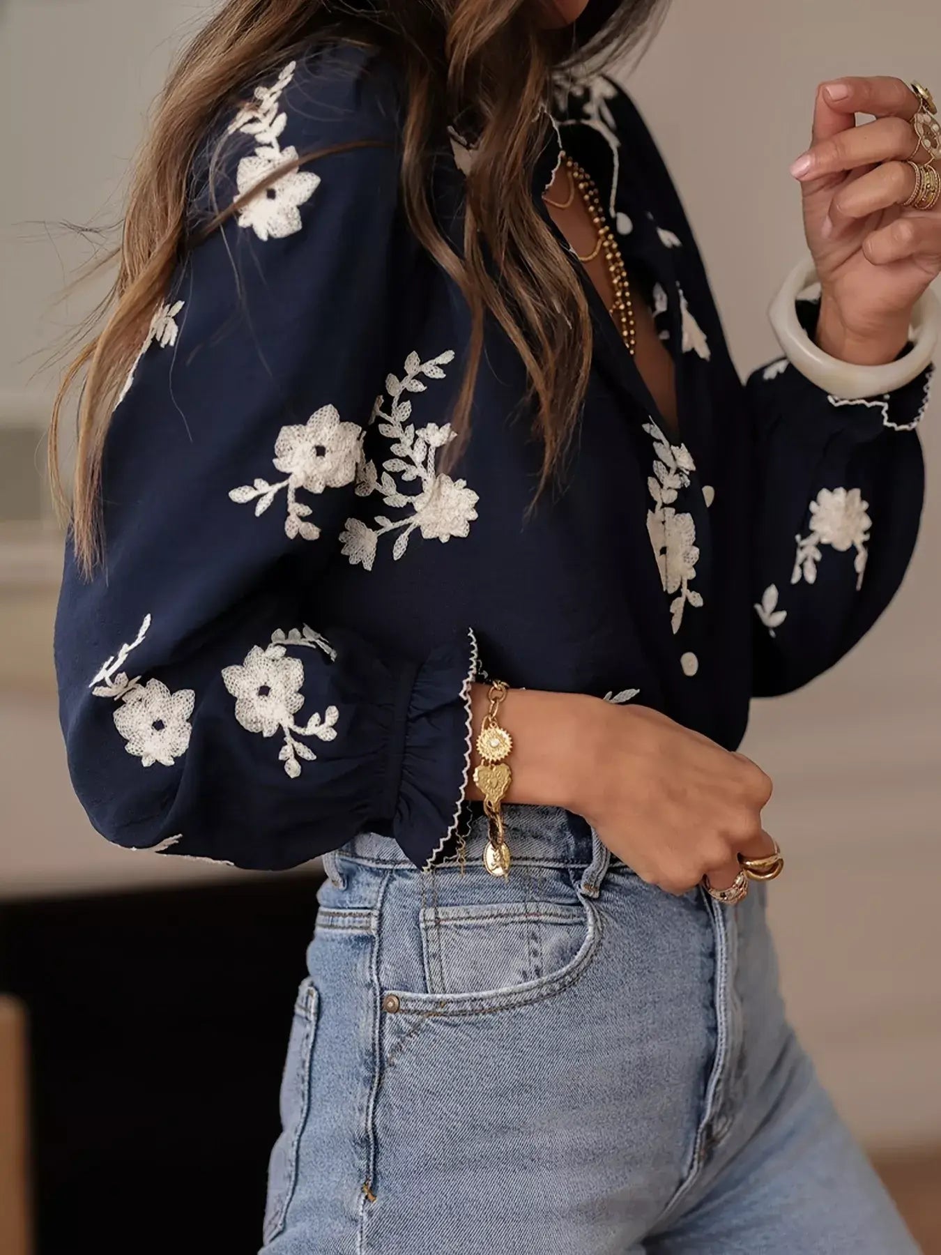 Floral Embroidered Long Sleeve Shirt - Trendsi - Flyclothing LLC