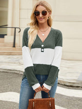 Color Block V-Neck Long Sleeve T-Shirt - Trendsi - Flyclothing LLC