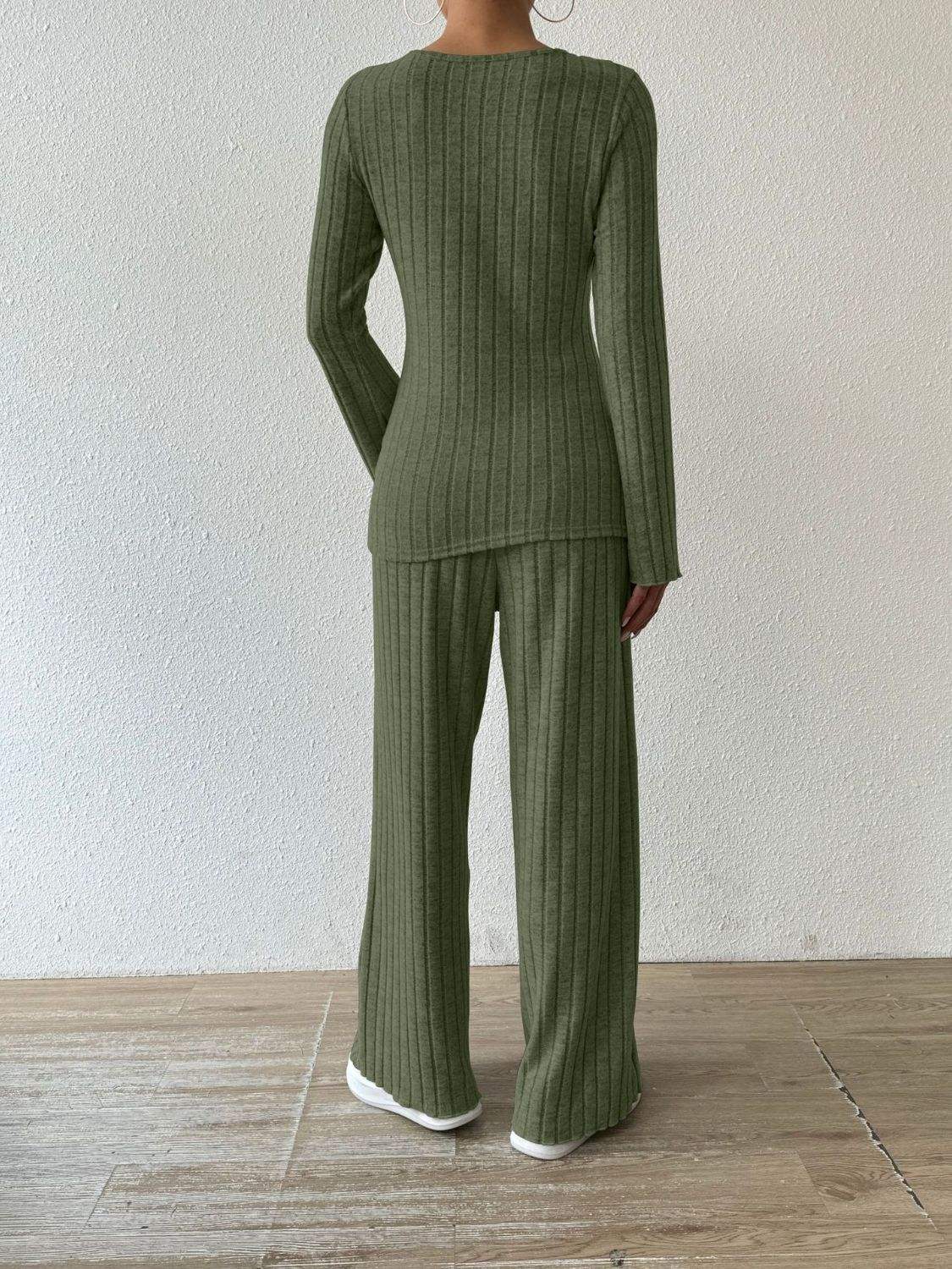 Ribbed V-Neck Long Sleeve Top and Pocketed Pants Set - Trendsi - Flyclothing LLC