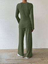 Ribbed V-Neck Long Sleeve Top and Pocketed Pants Set - Trendsi - Flyclothing LLC