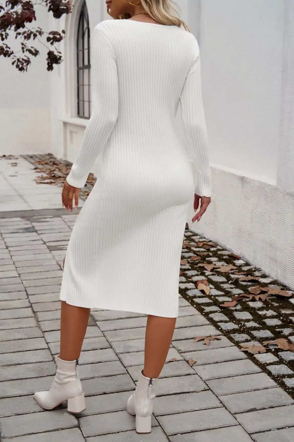 Slit V-Neck Long Sleeve Midi Dress - Trendsi - Flyclothing LLC