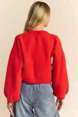 Davi & Dani Flower Contrast Round Neck Long Sleeve Cardigan - Trendsi - Flyclothing LLC
