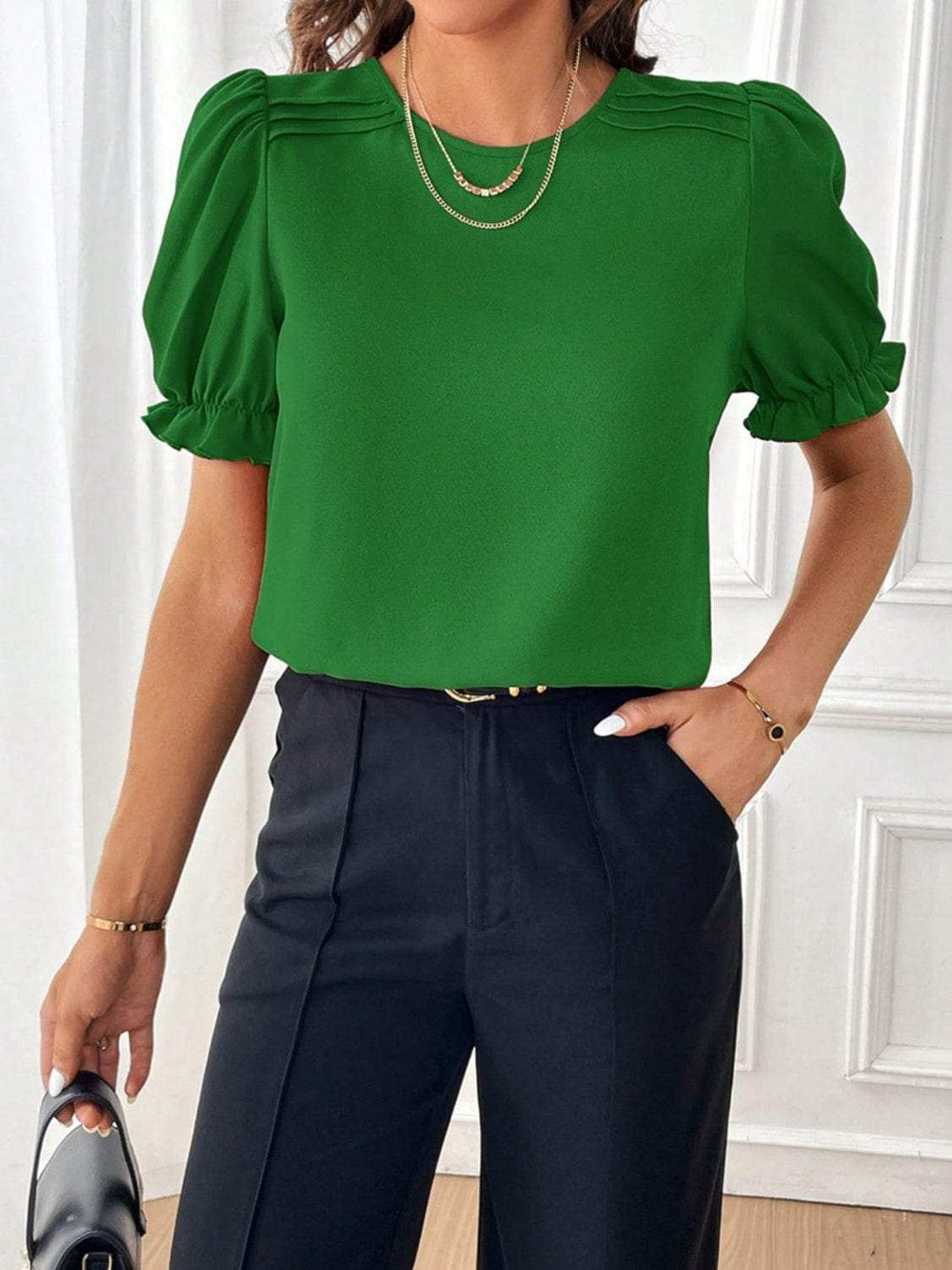Round Neck Flounce Sleeve Blouse - Trendsi - Flyclothing LLC