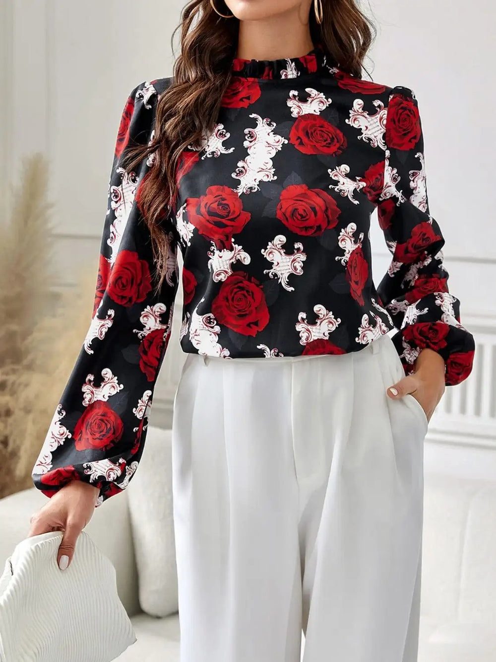 Frill Floral Mock Neck Long Sleeve Top - Trendsi
