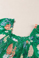 Floral Print Bubble Sleeve Smocked Tiered Midi Dress - Trendsi - Flyclothing LLC