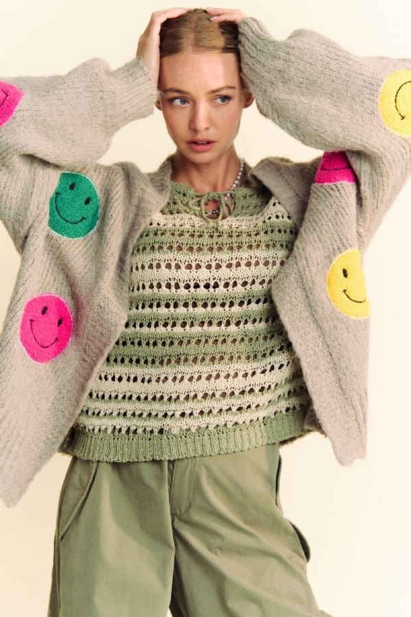Davi & Dani Fuzzy Smile Open Front Long Sleeve Cardigan - Trendsi