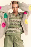 Davi & Dani Fuzzy Smile Open Front Long Sleeve Cardigan - Trendsi