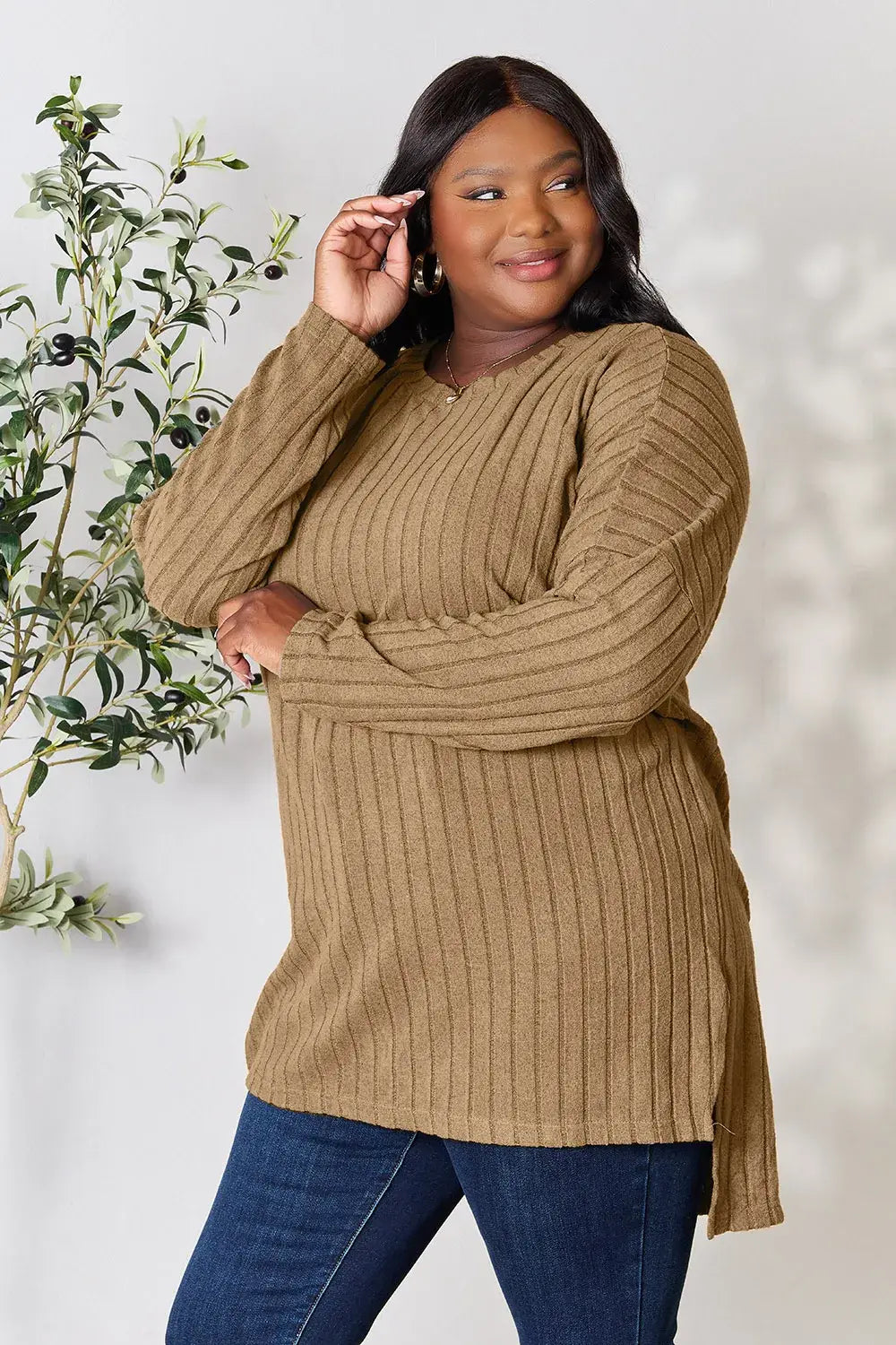 Basic Bae Full Size Ribbed Round Neck Long Sleeve Slit Top - ShopBasicbae - Flyclothing LLC