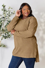 Basic Bae Full Size Ribbed Round Neck Long Sleeve Slit Top - ShopBasicbae - Flyclothing LLC