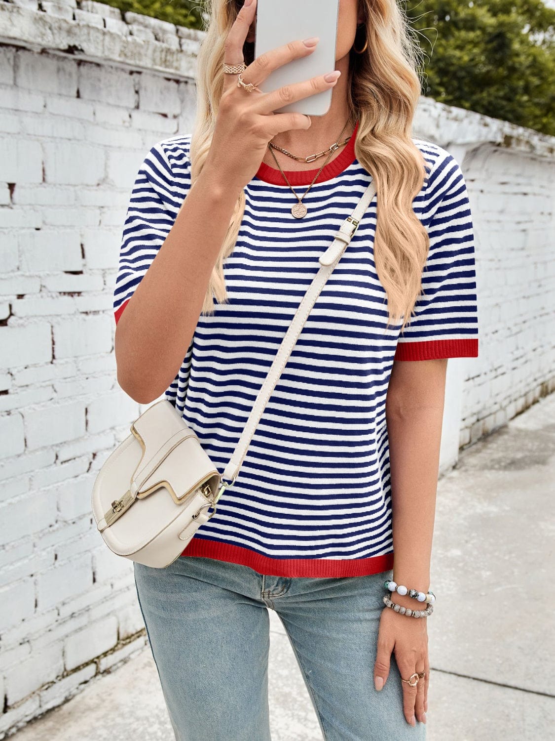 Lovelet Striped Contrast Round Neck Half Sleeve Knit Top - Trendsi