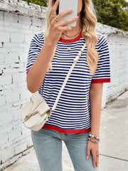 Lovelet Striped Contrast Round Neck Half Sleeve Knit Top - Trendsi