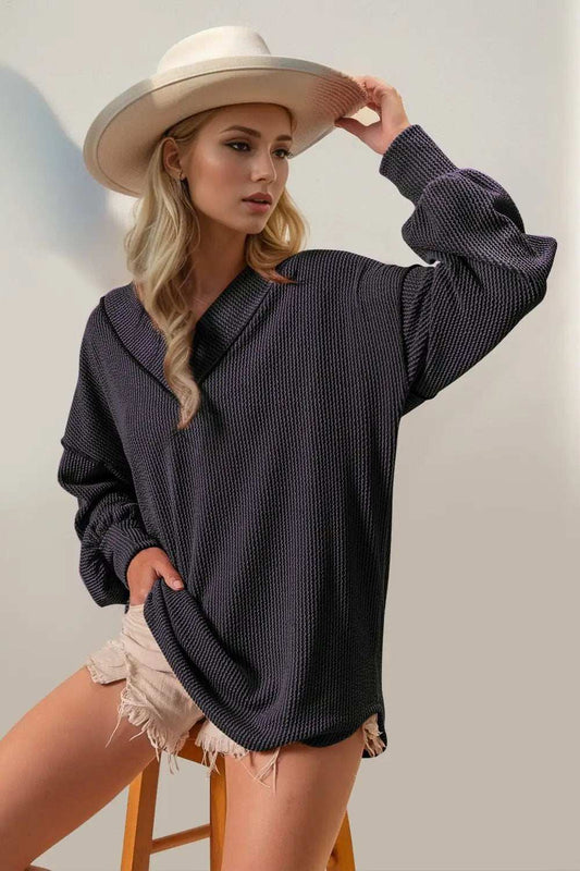 Double Take Exposed Seam Ribbed Textured V-Neck Long Sleeve T-Shirt - Trendsi - Flyclothing LLC