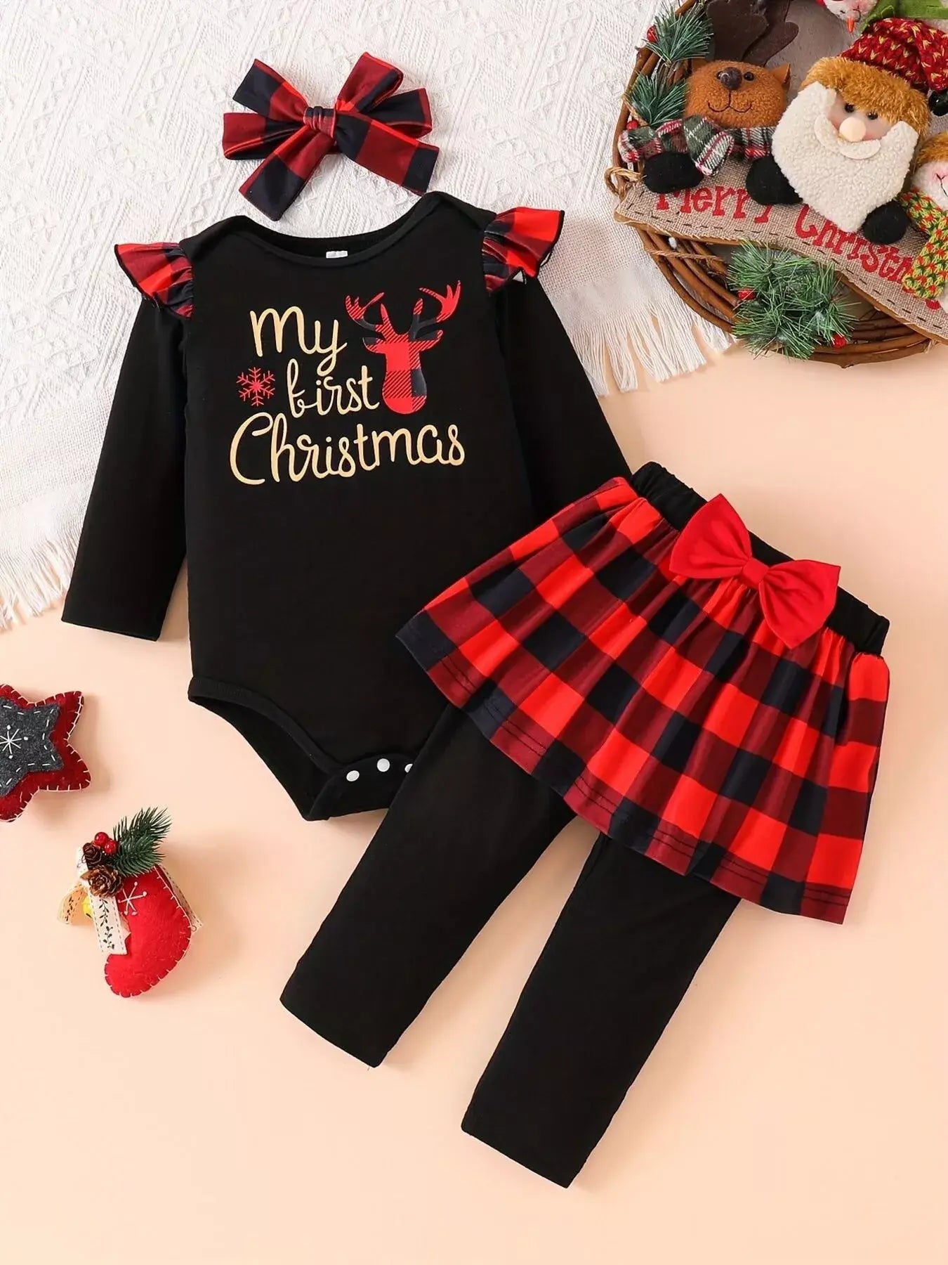 Children's Christmas Bodysuit and Pants Set with Headband - Trendsi - Flyclothing LLC