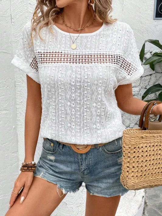 Eyelet Round Neck Short Sleeve Top - Trendsi - Flyclothing LLC