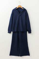 Textured Collared Neck Top and Wide Leg Pants Set - Trendsi - Flyclothing LLC