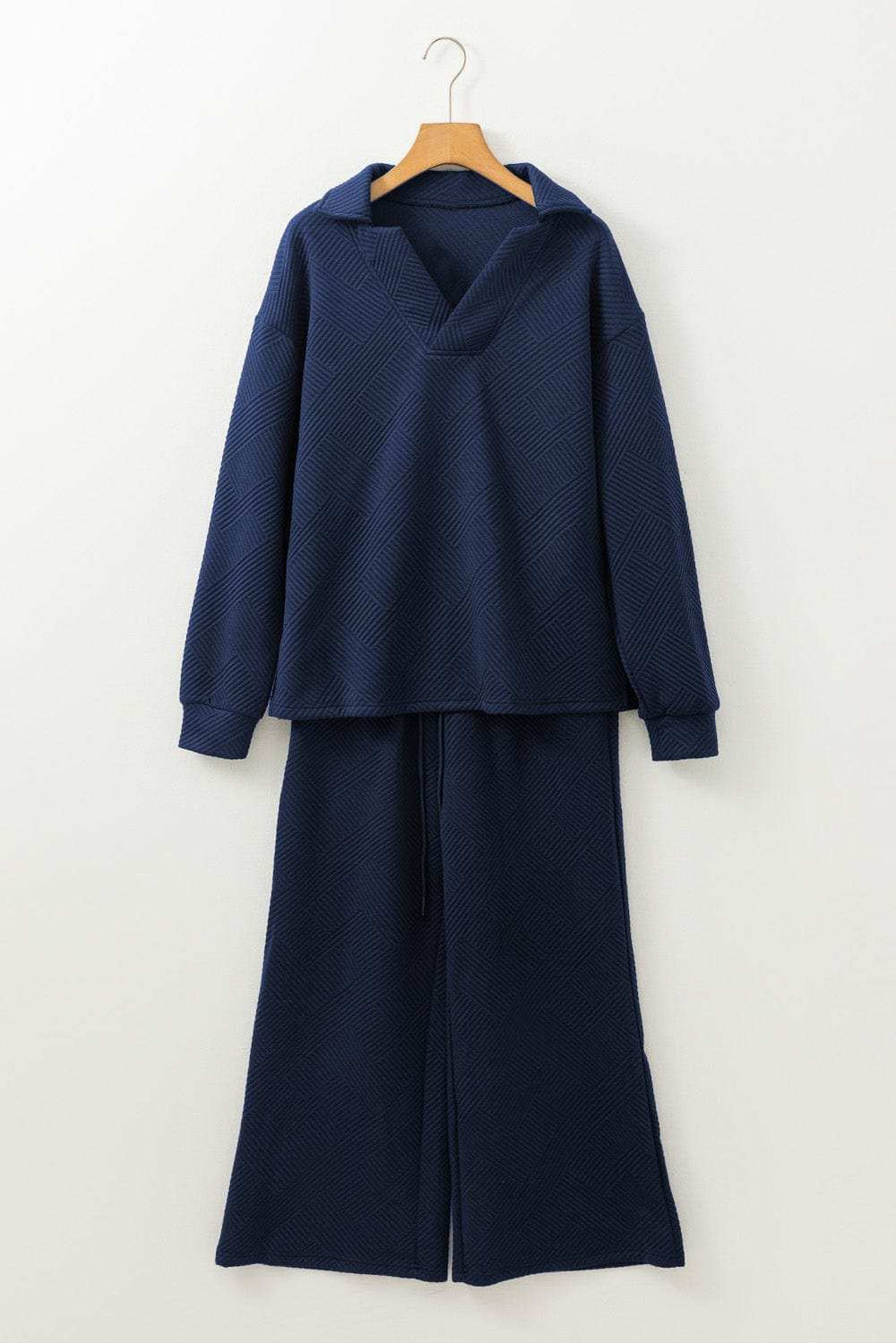 Textured Collared Neck Top and Wide Leg Pants Set - Trendsi - Flyclothing LLC