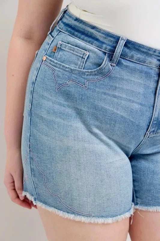 Judy Blue Full Size High Waist Western Embroidery Detail Cut Off Denim Shorts Plus Size - Trendsi - Flyclothing LLC