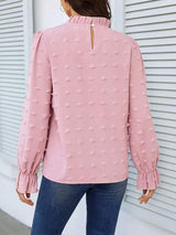 Swiss Dot Mock Neck Flounce Sleeve Blouse - Trendsi - Flyclothing LLC