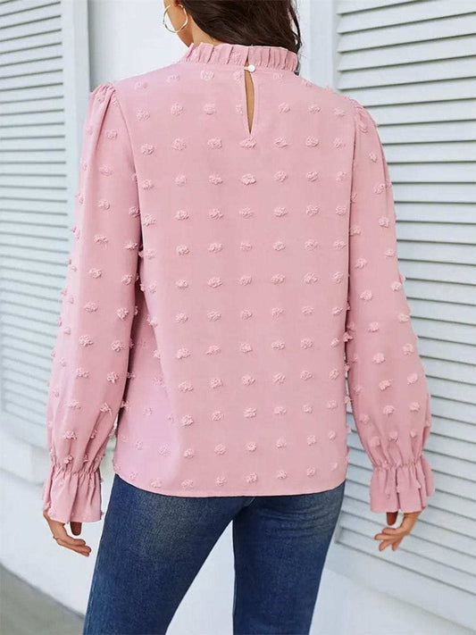 Swiss Dot Mock Neck Flounce Sleeve Blouse - Trendsi - Flyclothing LLC