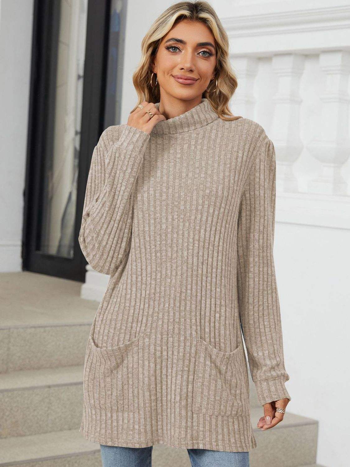 Ribbed Mock Neck Long Sleeve T-Shirt - Trendsi - Flyclothing LLC