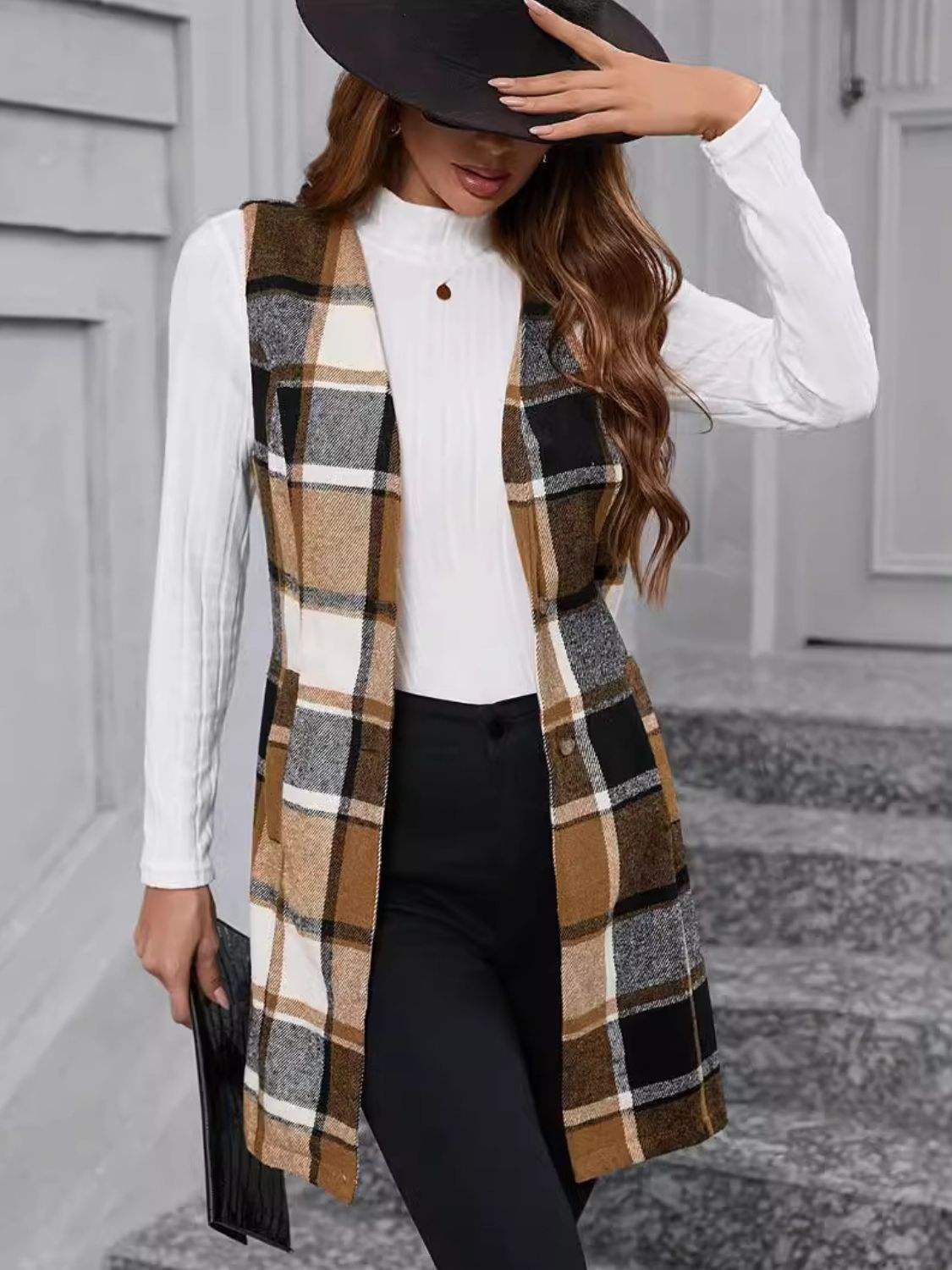 Plaid V-Neck Vest Coat - Trendsi - Flyclothing LLC