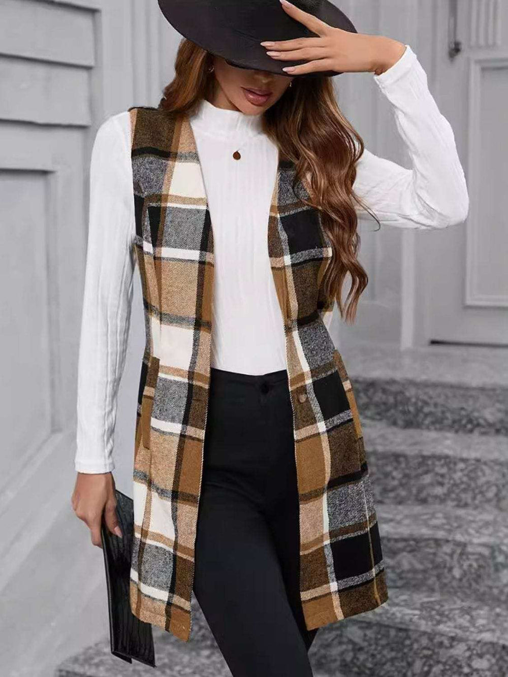 Plaid V-Neck Vest Coat - Trendsi - Flyclothing LLC