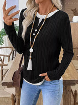 Ribbed Knit Long Sleeve Fake Two-Piece T-Shirt - Trendsi - Flyclothing LLC