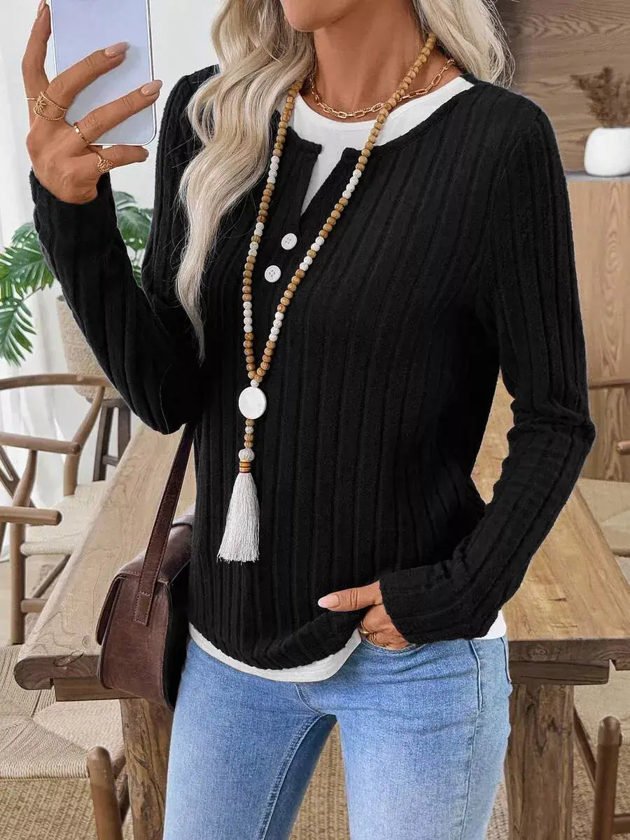 Ribbed Knit Long Sleeve Fake Two-Piece T-Shirt - Trendsi - Flyclothing LLC