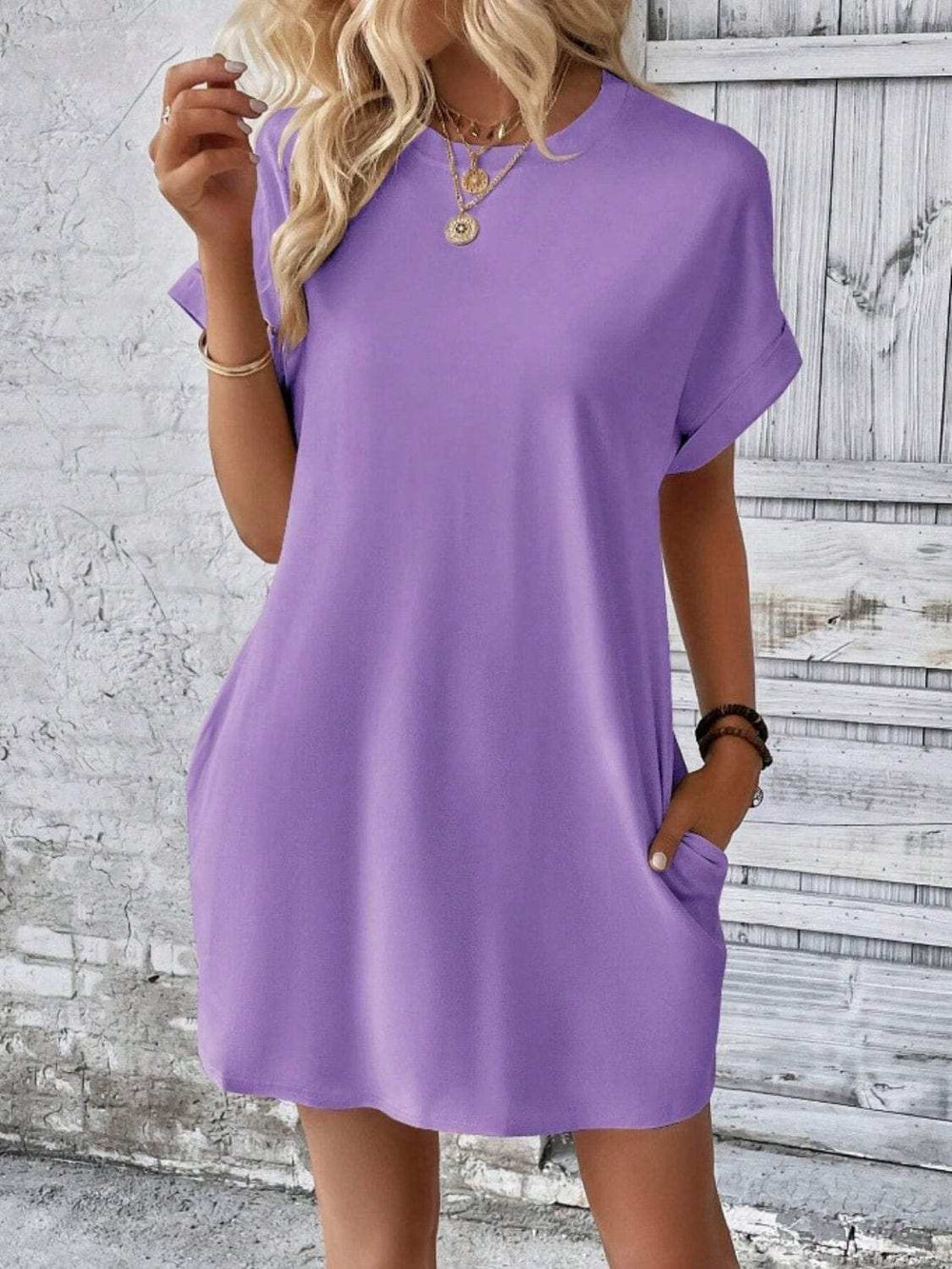 Pocketed Round Neck Short Sleeve Dress - Trendsi - Flyclothing LLC