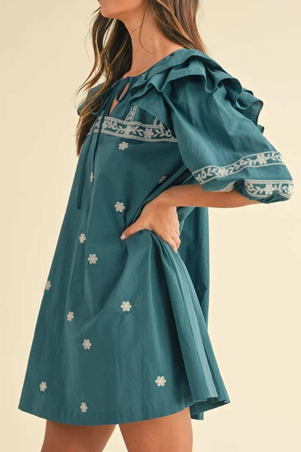 Floral Ruffle Puff Sleeve Tie Neck Mini Dress - Trendsi - Flyclothing LLC