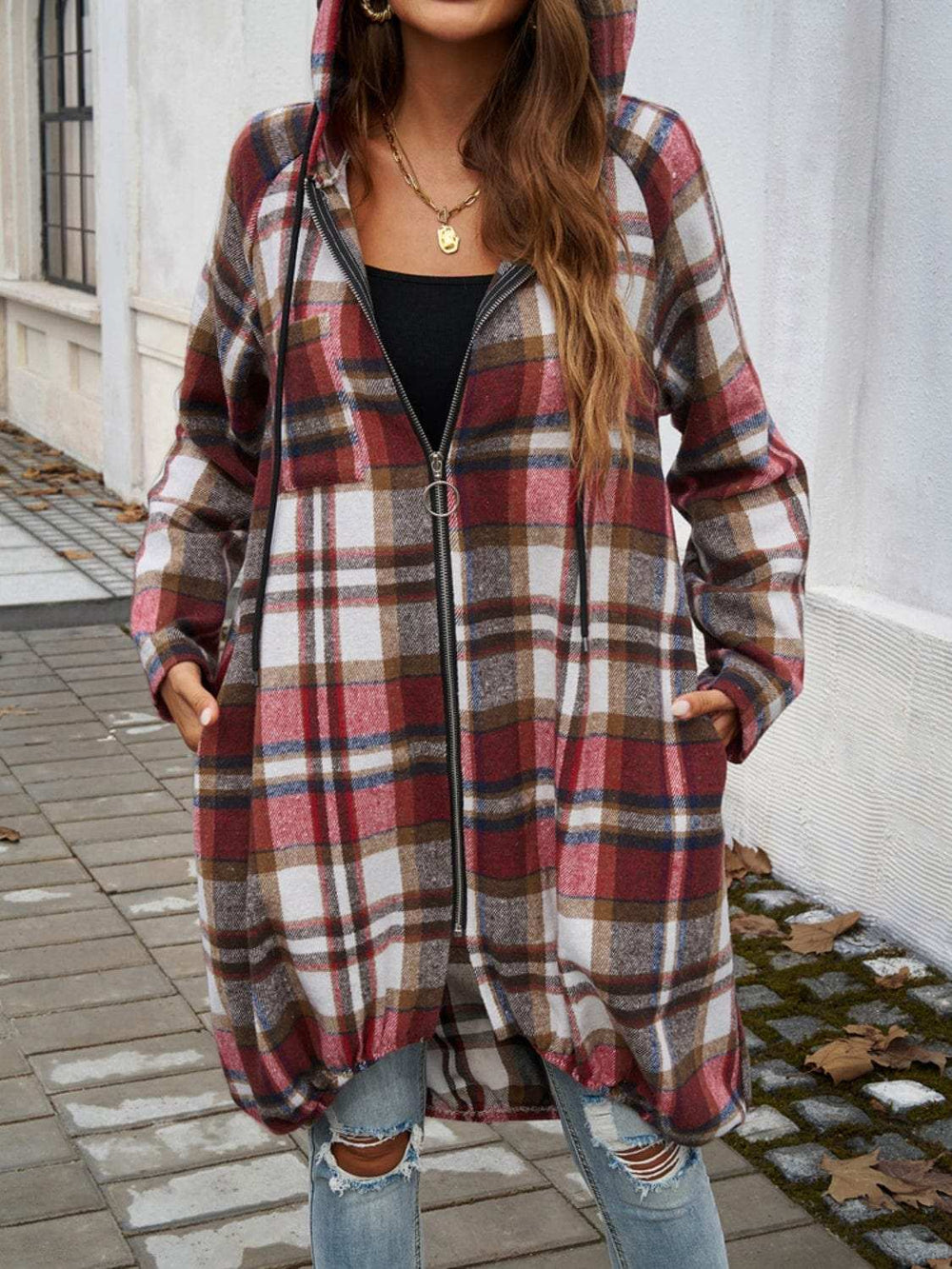 Plaid Zip Up Hooded Coat - Trendsi - Flyclothing LLC