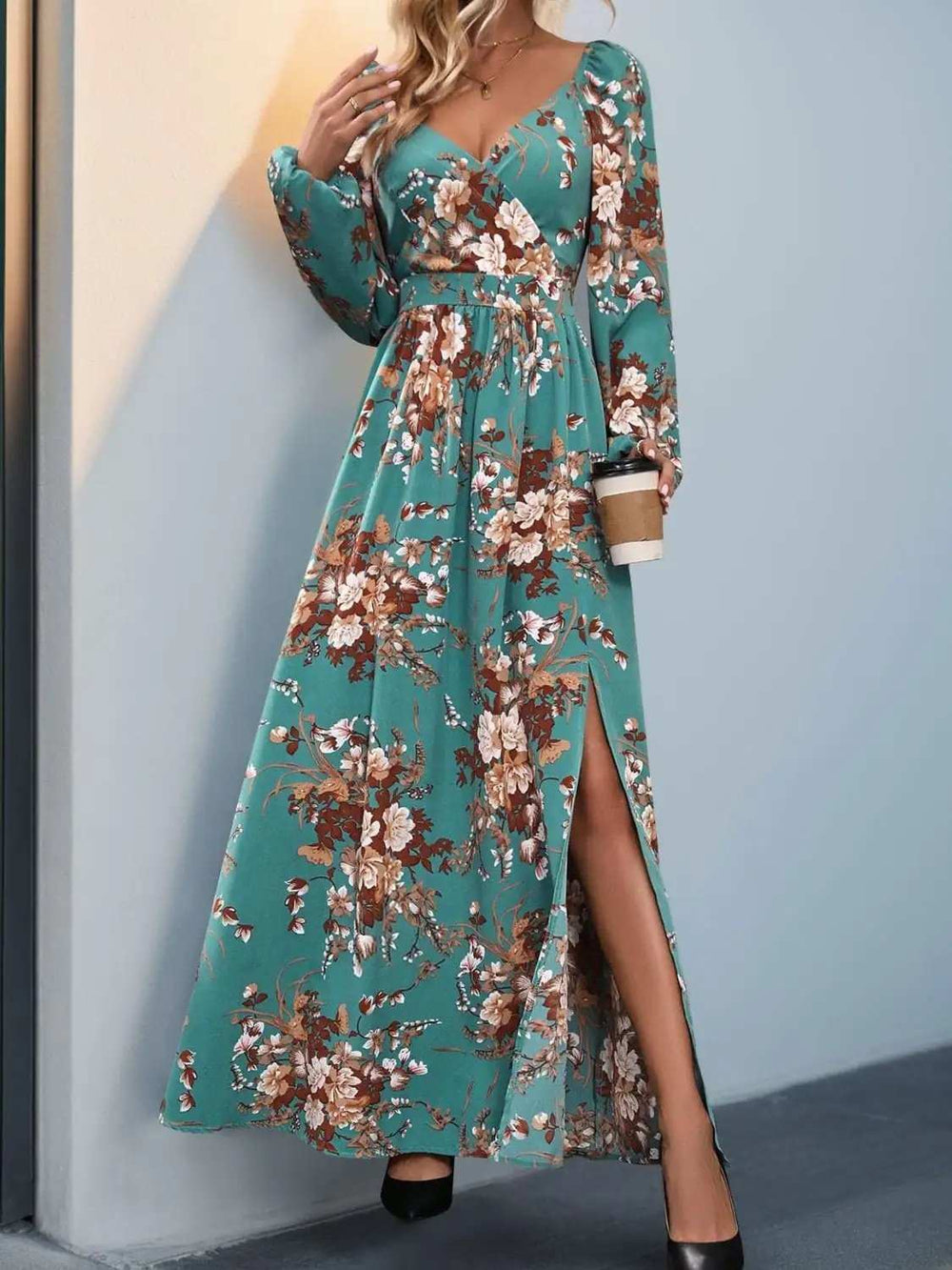 Slit Printed Surplice Long Sleeve Maxi Dress - Trendsi - Flyclothing LLC