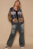 POL Contrast Square Patch Pattern Hooded Zipper Jacket - Trendsi