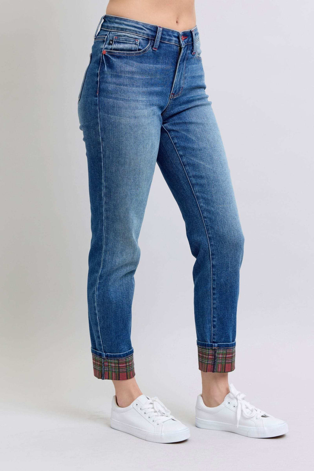 Judy Blue Full Size Plaid Print Cuff Straight Leg Jeans with Pockets - Trendsi - Flyclothing LLC