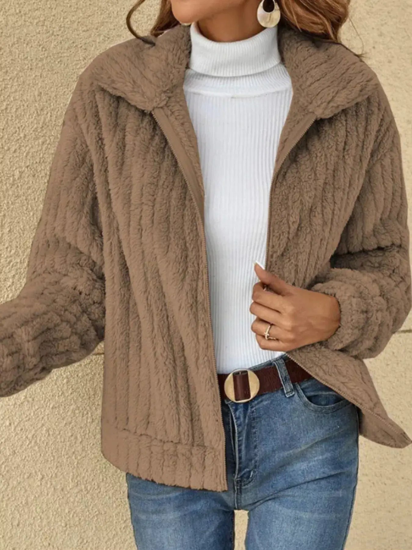 Full Size Zip-Up Long Sleeve Texture Jacket Plus Size - Trendsi - Flyclothing LLC