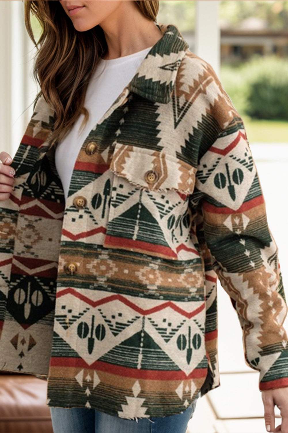 Geometric Button Up Long Sleeve Jacket - Trendsi - Flyclothing LLC