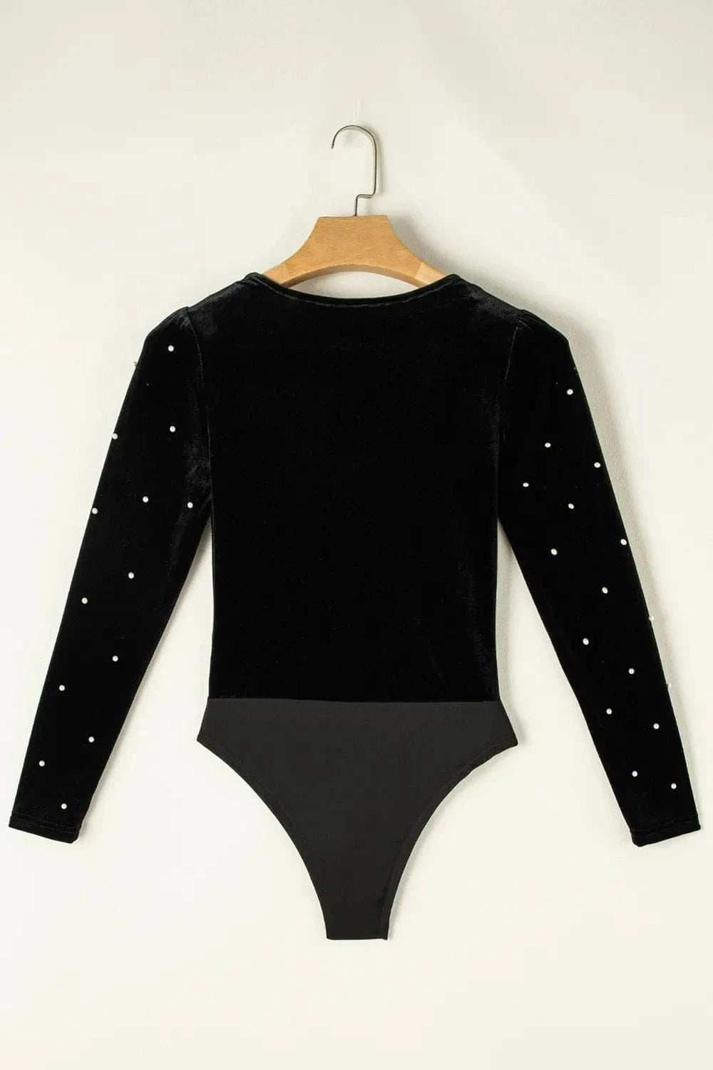Pearl Detail V-Neck Long Sleeve Bodysuit - Trendsi - Flyclothing LLC