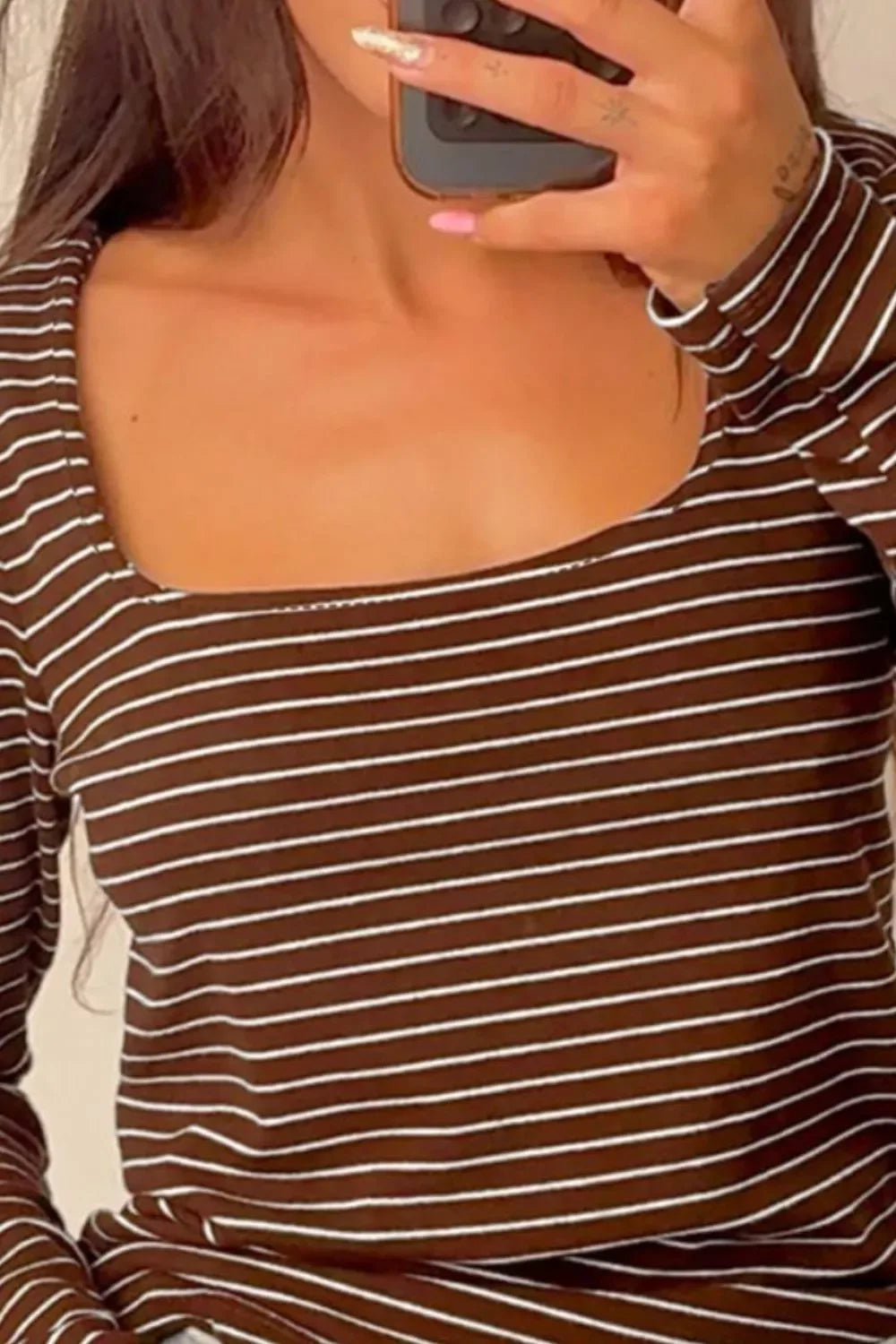 Striped Square Neck Long Sleeve Top - Trendsi - Flyclothing LLC