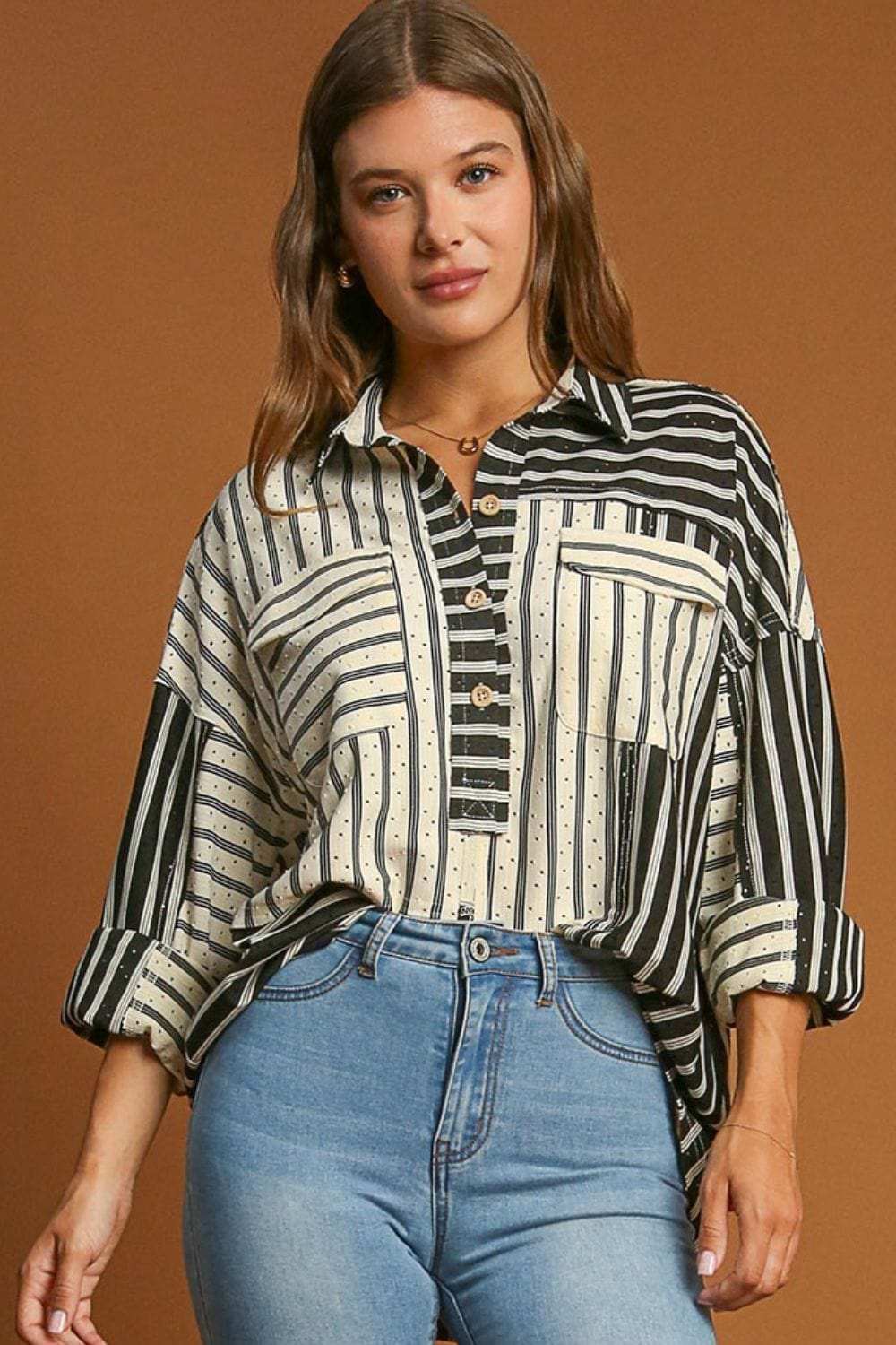 Umgee Full Size Pointelle Stripped Half Button Collared Neck Top Plus Size - Trendsi - Flyclothing LLC