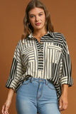 Umgee Full Size Pointelle Stripped Half Button Collared Neck Top Plus Size - Trendsi