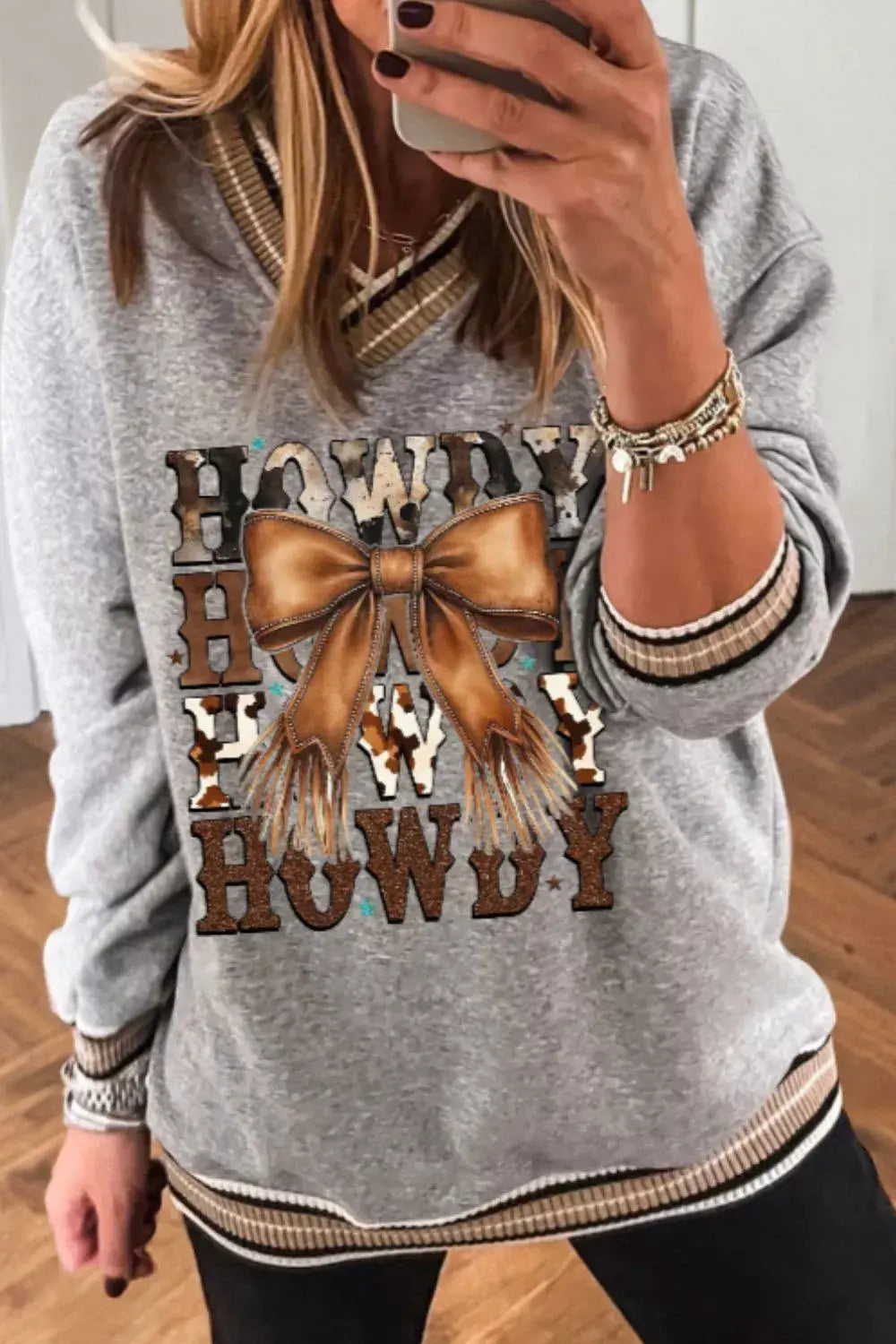 Howdy Graphic V-Neck Sweatshirt - Trendsi - Flyclothing LLC