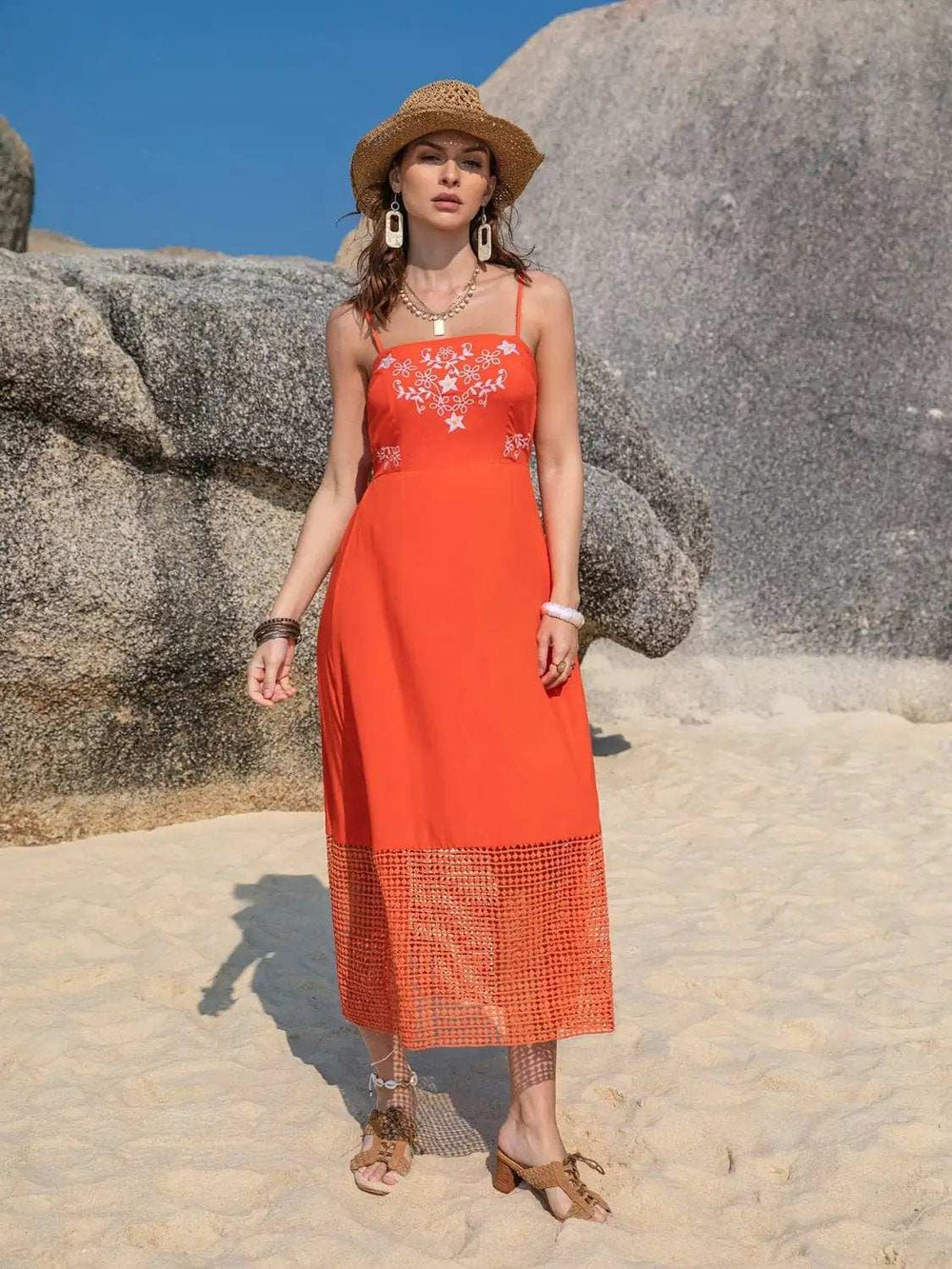 Embroidered Square Neck Midi Cami Dress - Trendsi - Flyclothing LLC