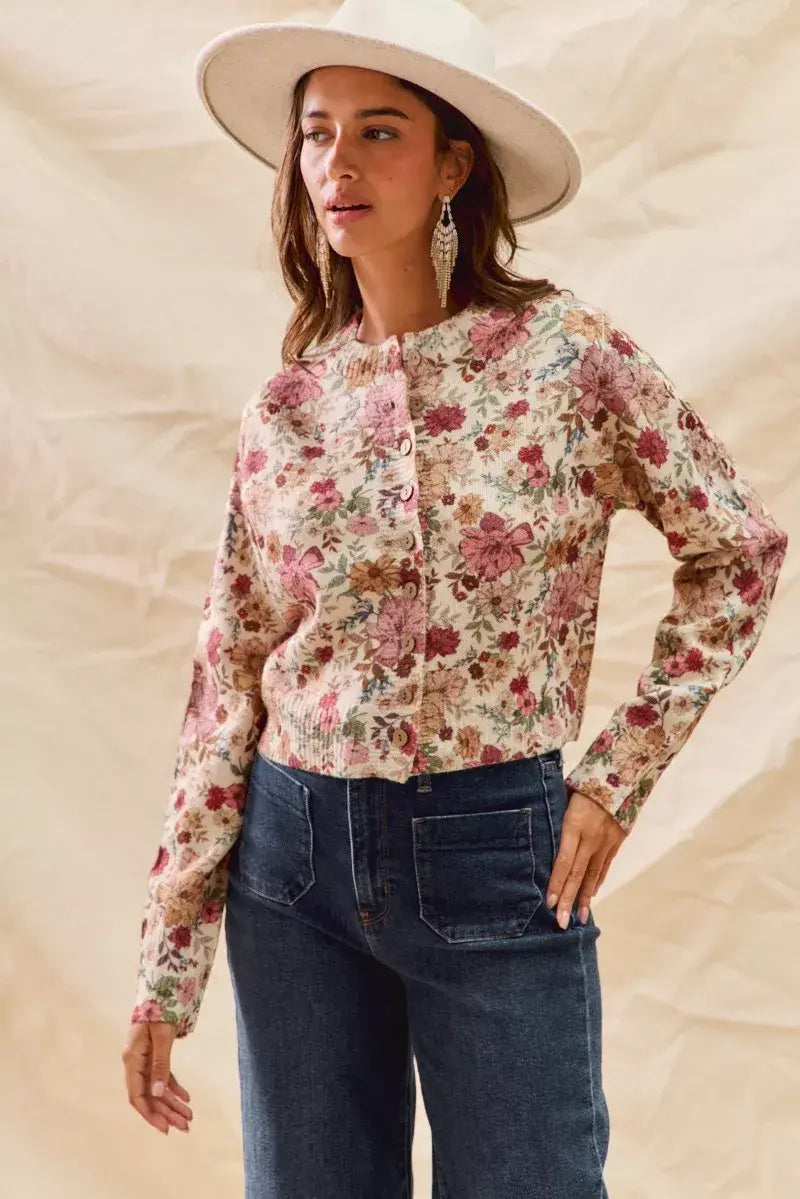 SO ME Floral Print Button Front Sweater Cardigan - Trendsi - Flyclothing LLC