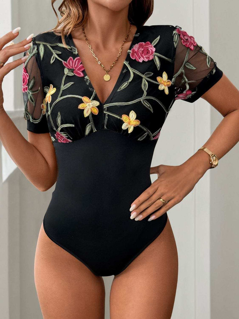Perfee Embroidered V-Neck Floral Bodysuit - Trendsi - Flyclothing LLC