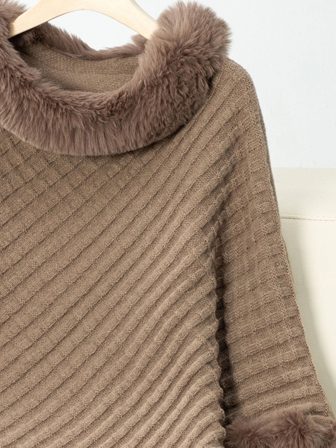 Fuzzy Trim Texture Three-Quarter Sleeve Poncho - Trendsi