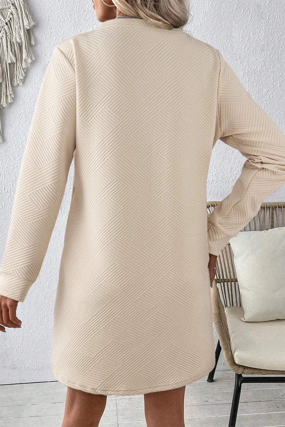 Textured Round Neck Long Sleeve Mini Dress - Trendsi - Flyclothing LLC