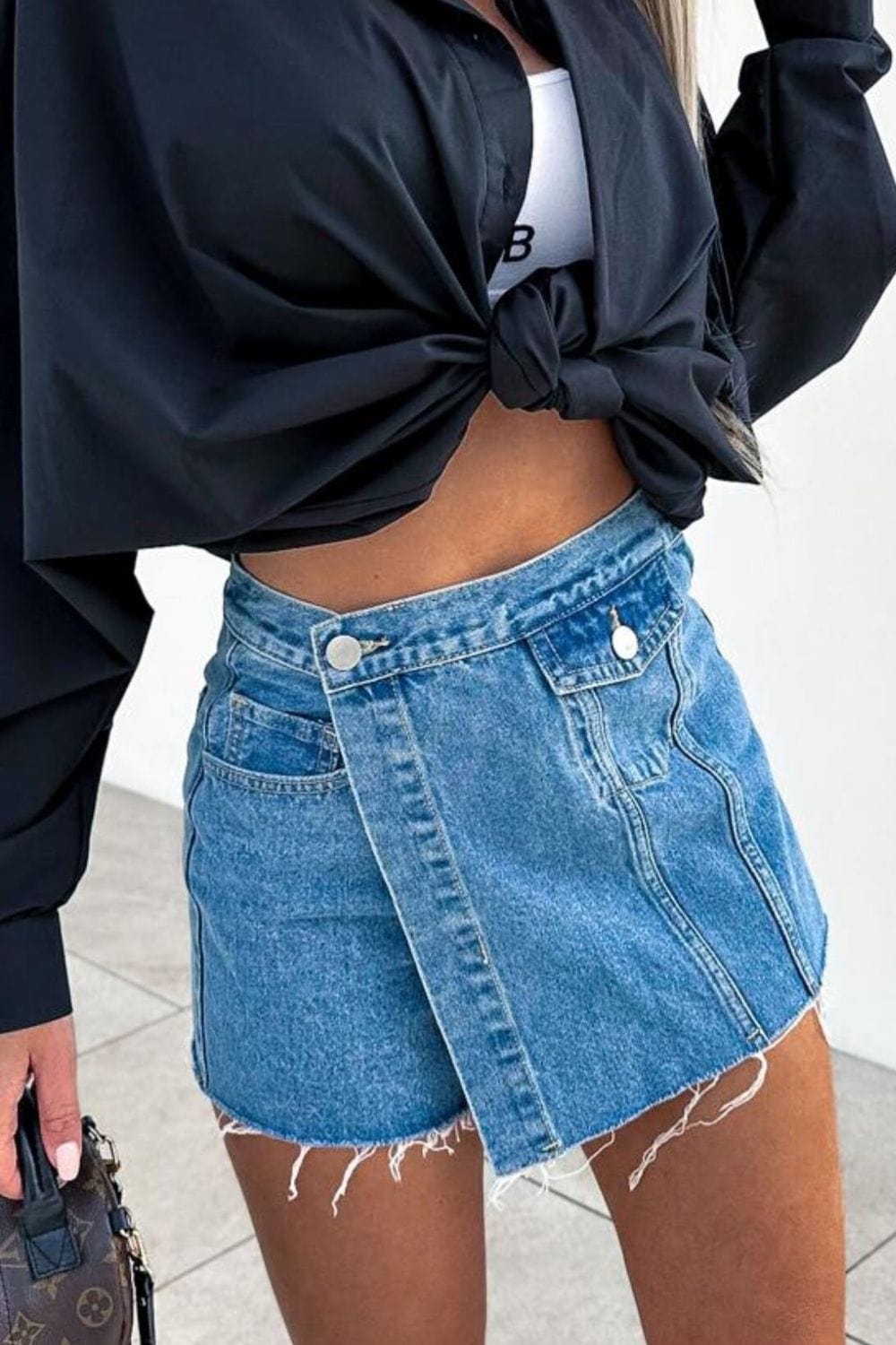 Raw Hem Denim Skorts - Trendsi